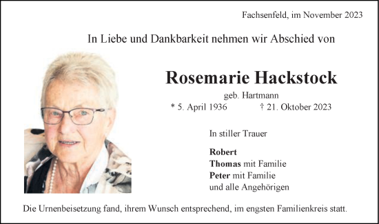 Traueranzeige von Rosemarie Hackstock von Schwäbische Post
