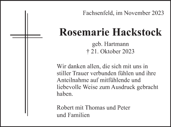 Traueranzeige von Rosemarie Hackstock von Schwäbische Post