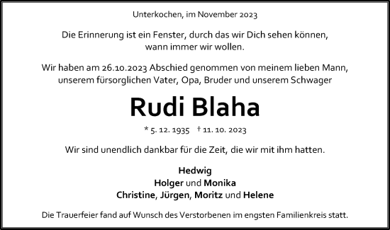 Traueranzeige von Rudi Blaha von Schwäbische Post