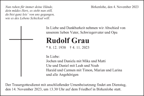 Traueranzeige von Rudolf Grau von Gmünder Tagespost