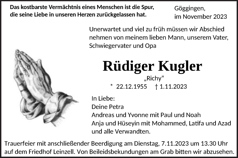  Traueranzeige für Rüdiger Kugler vom 04.11.2023 aus Gmünder Tagespost