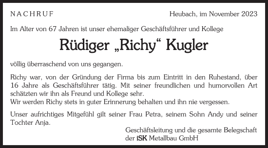 Traueranzeige von Rüdiger Kugler von Gmünder Tagespost