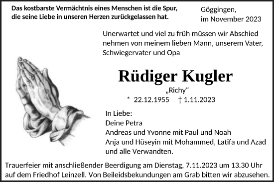 Traueranzeige von Rüdiger Kugler von Gmünder Tagespost