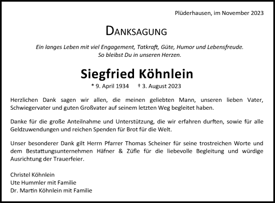 Traueranzeige von Siegfried Köhnlein von Gmünder Tagespost