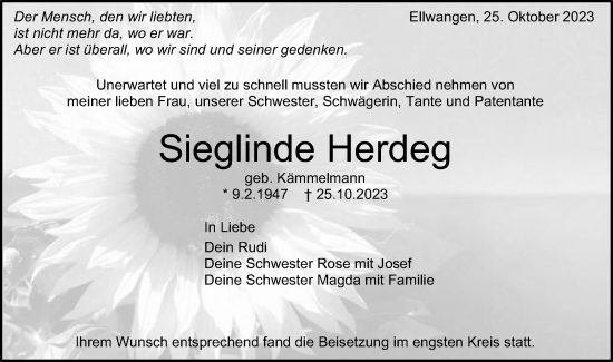 Traueranzeige von Sieglinde Herdeg