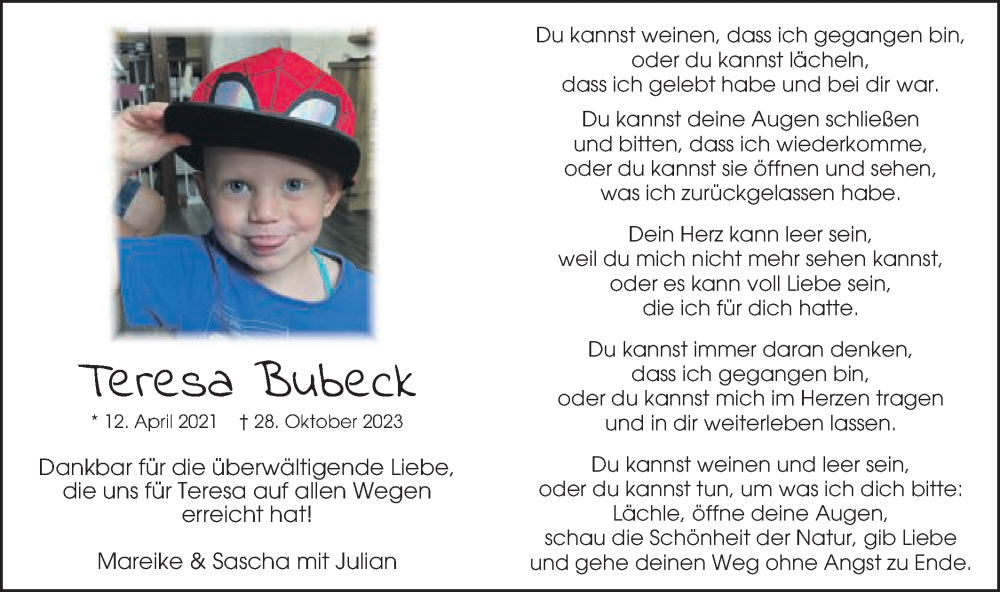  Traueranzeige für Teresa Bubeck vom 16.11.2023 aus Gmünder Tagespost