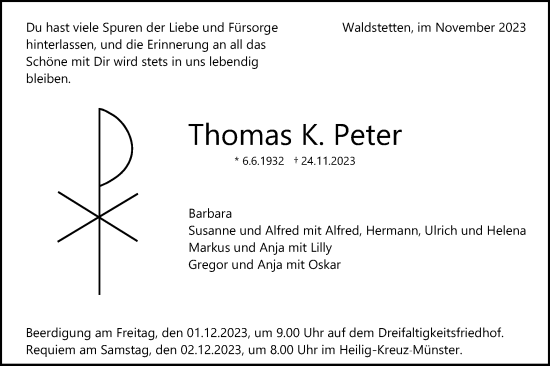 Traueranzeige von Thomas K. Peter von Gmünder Tagespost