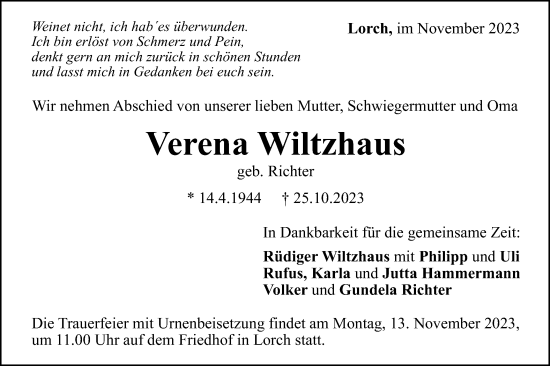 Traueranzeige von Verena Wiltzhaus von Gmünder Tagespost