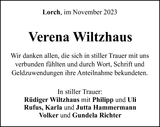 Traueranzeige von Verena Wiltzhaus von Gmünder Tagespost