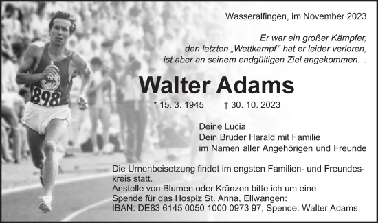 Traueranzeige von Walter Adams von Schwäbische Post