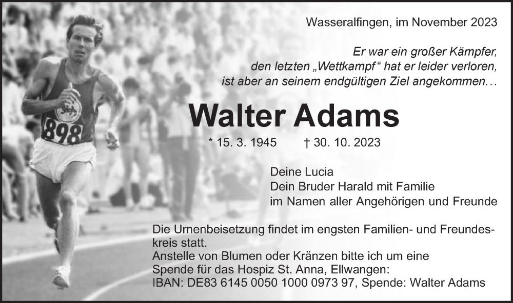  Traueranzeige für Walter Adams vom 04.11.2023 aus Schwäbische Post
