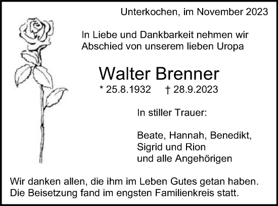 Traueranzeige von Walter Brenner von Schwäbische Post