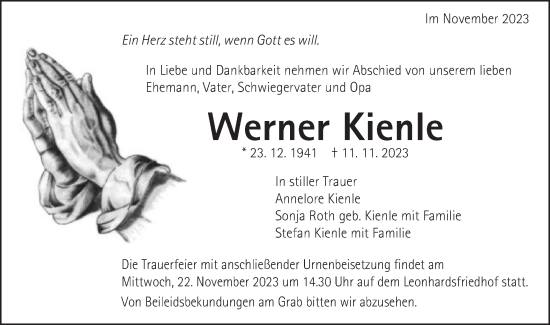 Traueranzeige von Werner Kienle von Gmünder Tagespost