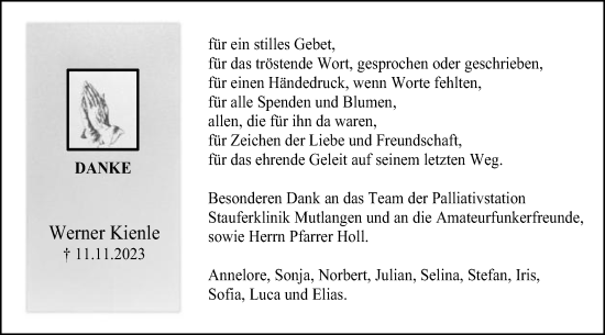 Traueranzeige von Werner Kienle von Gmünder Tagespost