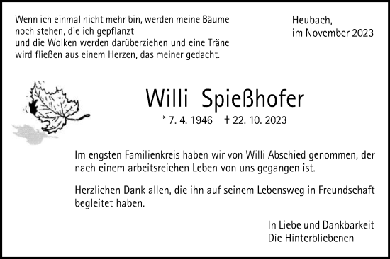 Traueranzeige von Willi Spießhofer von Gmünder Tagespost