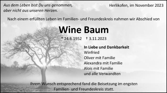 Traueranzeige von Wine Baum von Gmünder Tagespost