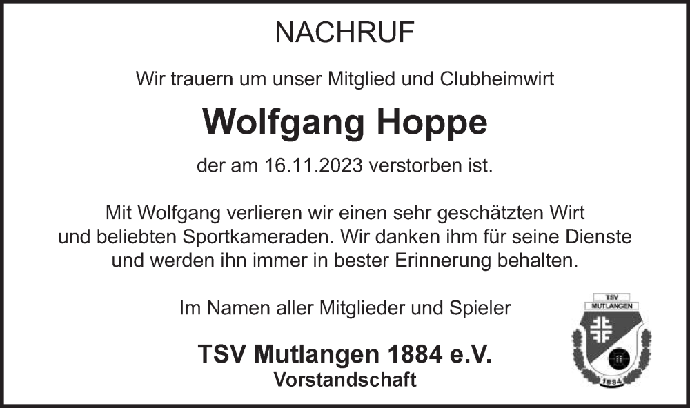  Traueranzeige für Wolfgang Hoppe vom 22.11.2023 aus Gmünder Tagespost