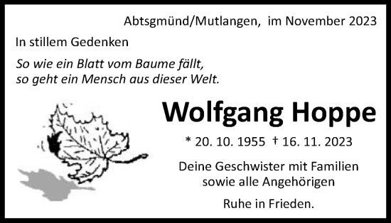 Traueranzeige von Wolfgang Hoppe von Schwäbische Post