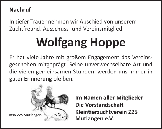 Traueranzeige von Wolfgang Hoppe von Gmünder Tagespost