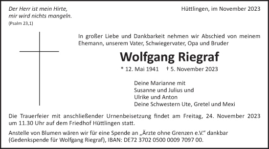 Traueranzeige von Wolfgang Riegraf von Schwäbische Post