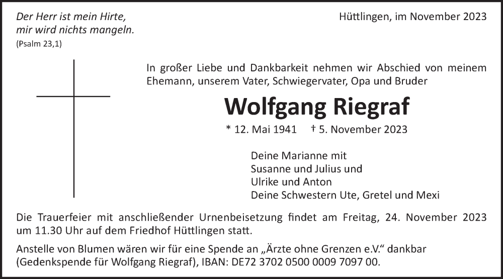  Traueranzeige für Wolfgang Riegraf vom 18.11.2023 aus Schwäbische Post