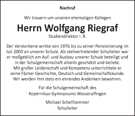 Traueranzeige von Wolfgang Riegraf von Schwäbische Post