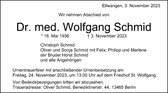 Traueranzeige von Wolfgang Schmid von Schwäbische Post
