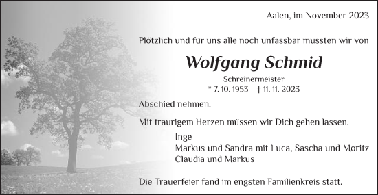 Traueranzeige von Wolfgang Schmid von Schwäbische Post