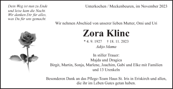Traueranzeige von Zora Klinc von Schwäbische Post