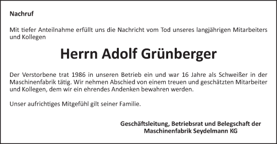 Traueranzeige von Adolf Grünberger von Schwäbische Post
