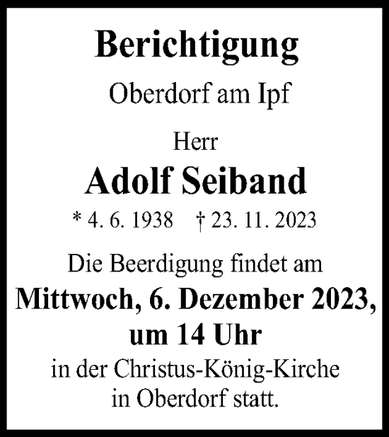 Traueranzeige von Adolf Seiband von Schwäbische Post