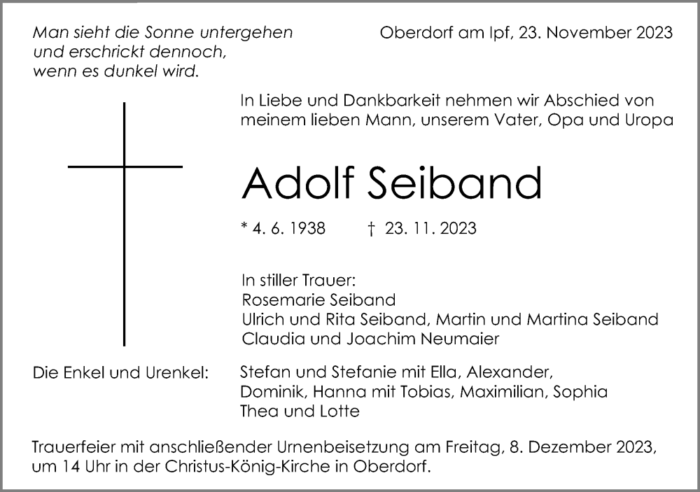  Traueranzeige für Adolf Seiband vom 01.12.2023 aus Schwäbische Post