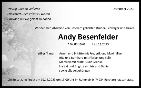 Traueranzeige von Andy Besenfelder von Schwäbische Post