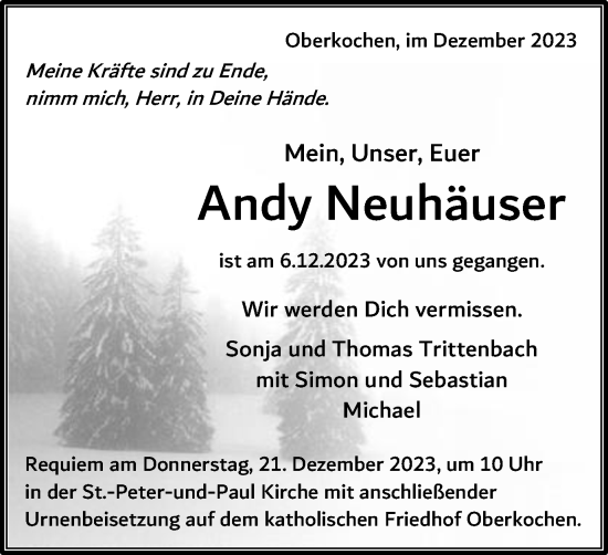 Traueranzeige von Andy Neuhäuser von Schwäbische Post
