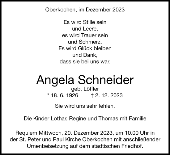 Traueranzeige von Angela Schneider von Schwäbische Post