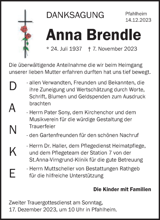 Traueranzeige von Anna Brendle von Schwäbische Post