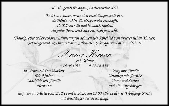 Traueranzeige von Anna Kreer von Schwäbische Post