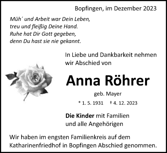 Traueranzeige von Anna Röhrer von Schwäbische Post