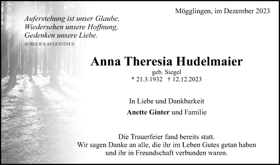 Traueranzeige von Anna Theresia Hudelmaier von Gmünder Tagespost