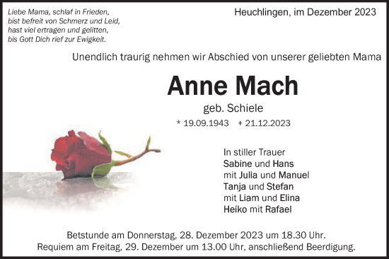 Traueranzeige von Anne Mach von Gmünder Tagespost