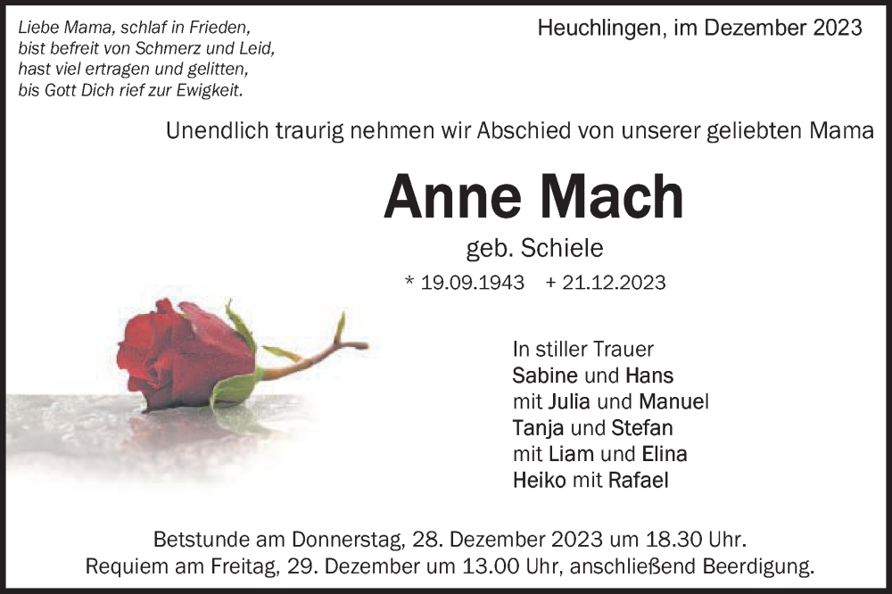  Traueranzeige für Anne Mach vom 27.12.2023 aus Gmünder Tagespost