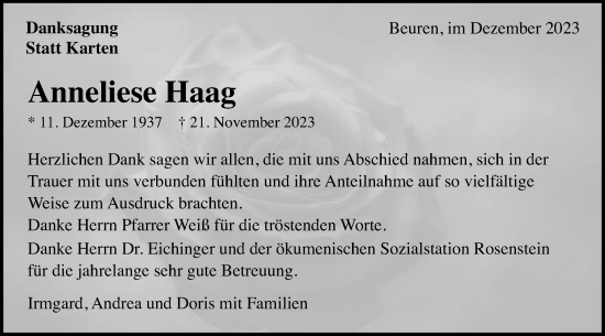 Traueranzeige von Anneliese Haag von Gmünder Tagespost