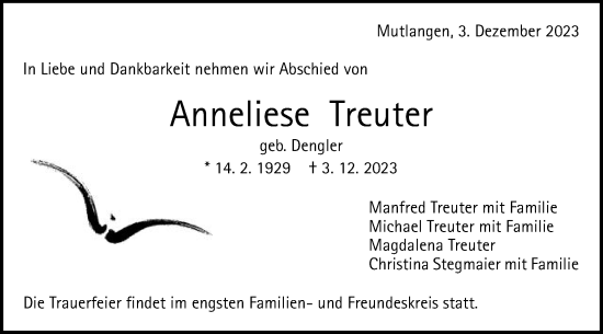 Traueranzeige von Anneliese Treuter von Gmünder Tagespost