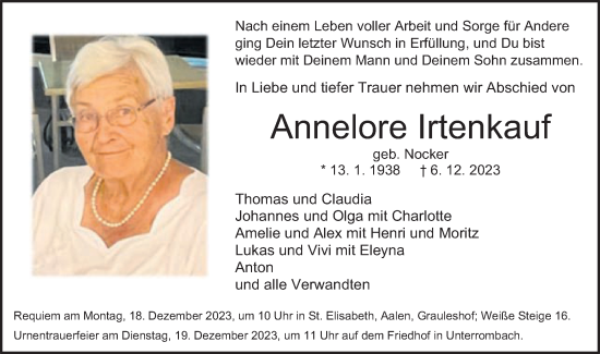 Traueranzeige von Annelore Irtenkauf von Schwäbische Post