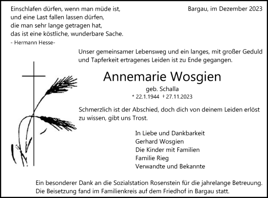 Traueranzeige von Annemarie Wosgien von Gmünder Tagespost