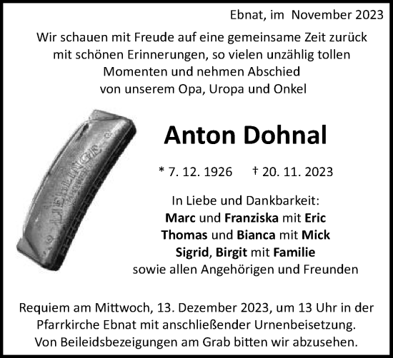 Traueranzeige von Anton Dohnal von Schwäbische Post