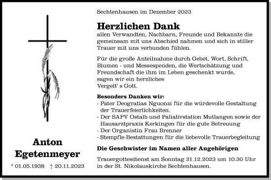 Traueranzeige von Anton Egetenmeyer von Schwäbische Post
