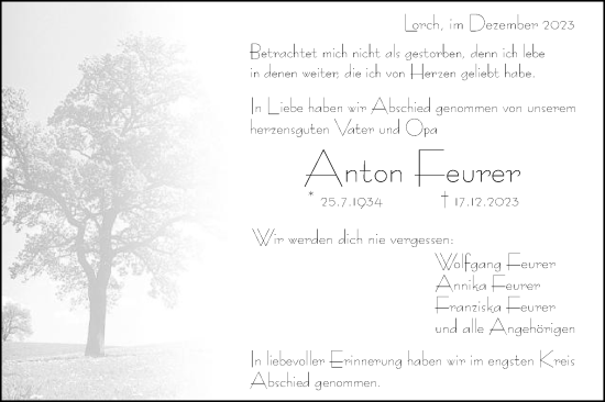 Traueranzeige von Anton Feurer  von Gmünder Tagespost