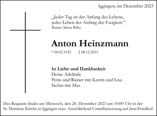 Traueranzeige von Anton Heinzmann von Gmünder Tagespost