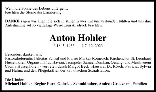 Traueranzeige von Anton Hohler